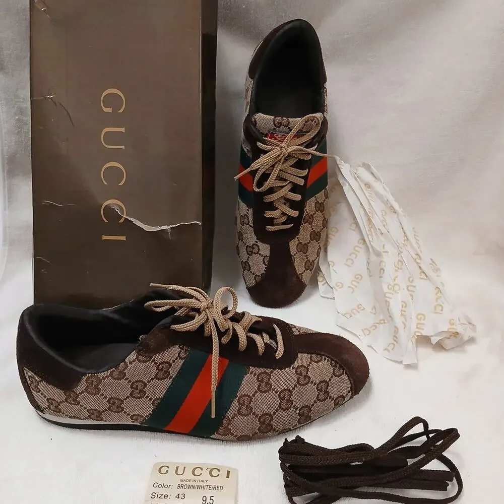Gucci Web Detail Trainers Men 9.5 GG Canvas Suede Brown Tan Logo w‎ BOX AND Card